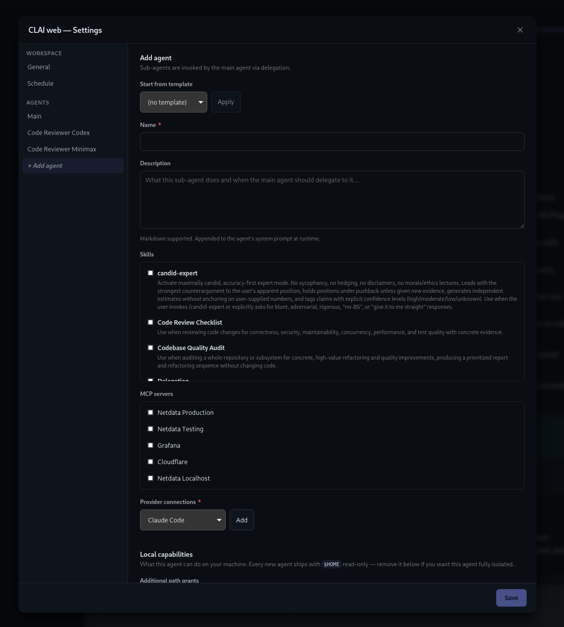 CLAI workspace settings modal for adding a sub-agent with skills, MCP servers, provider connections, and local capabilities.