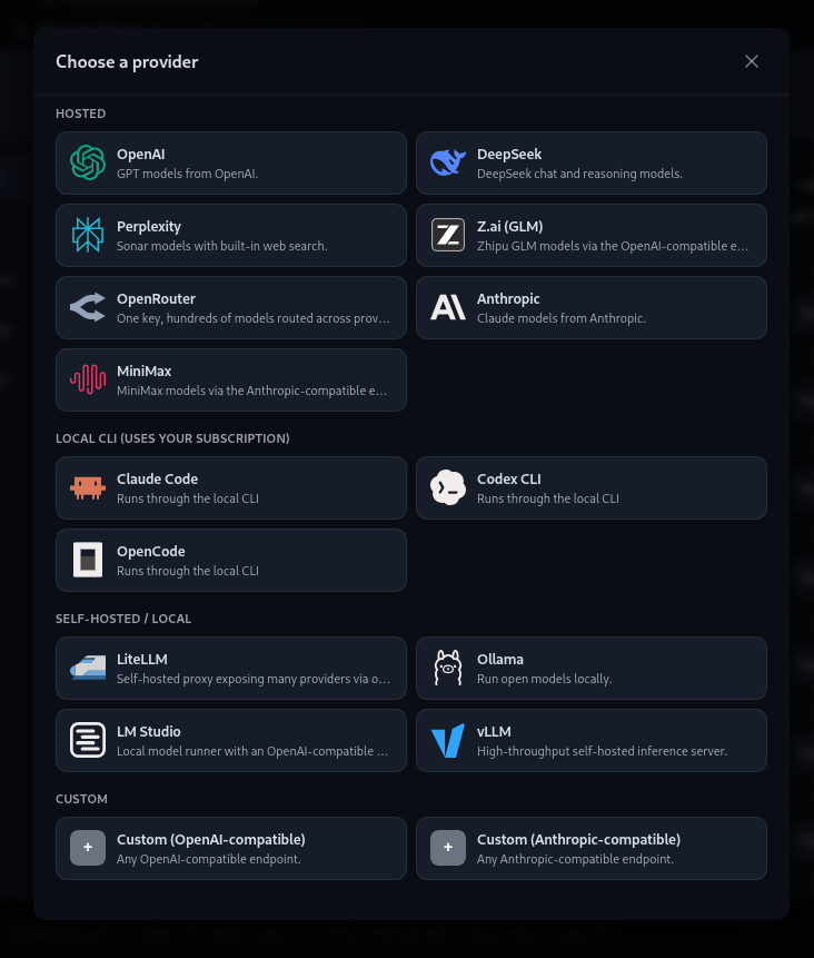 CLAI provider picker showing hosted providers, local CLI agents, and self-hosted local model options including Ollama, LM Studio, and vLLM.