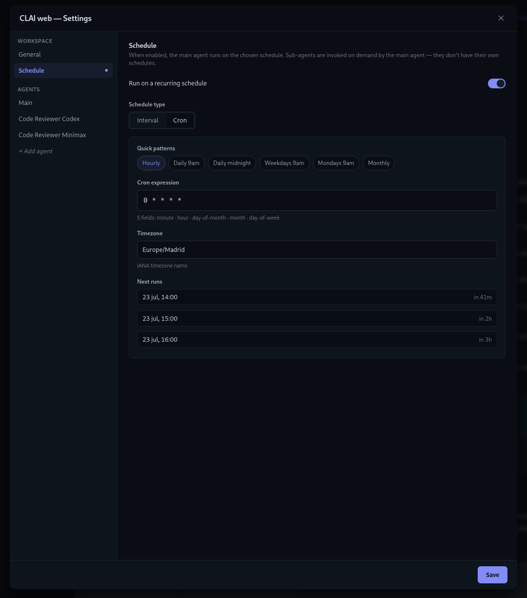 CLAI schedule settings showing a recurring cron schedule, timezone, and upcoming run times.